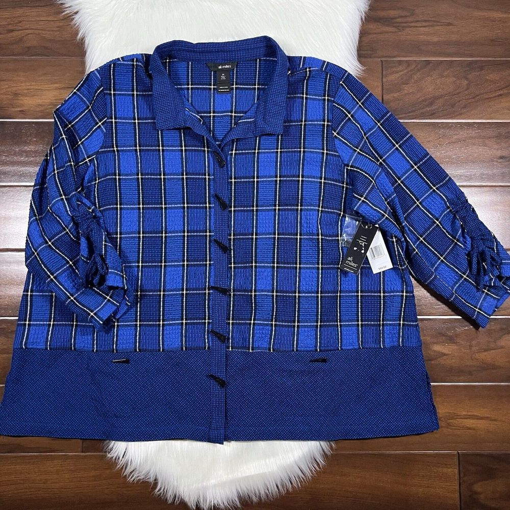 Ali Miles Women's Size‎ 2X Cobalt Blue Plaid Wire Collar Button Blazer Jacket